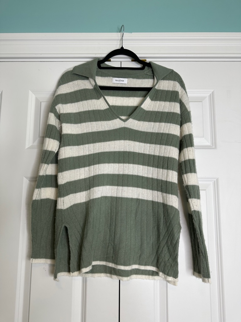 Naadam striped ribbed cashmere polo tunic sweater SzSmall